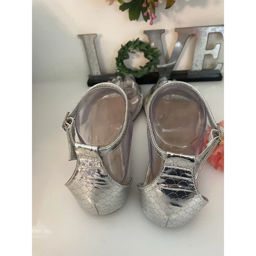 Clear Acrylic and Silver Faux Reptile Wild Diva Ankle Strap Sandals Size‎ 8/8.5